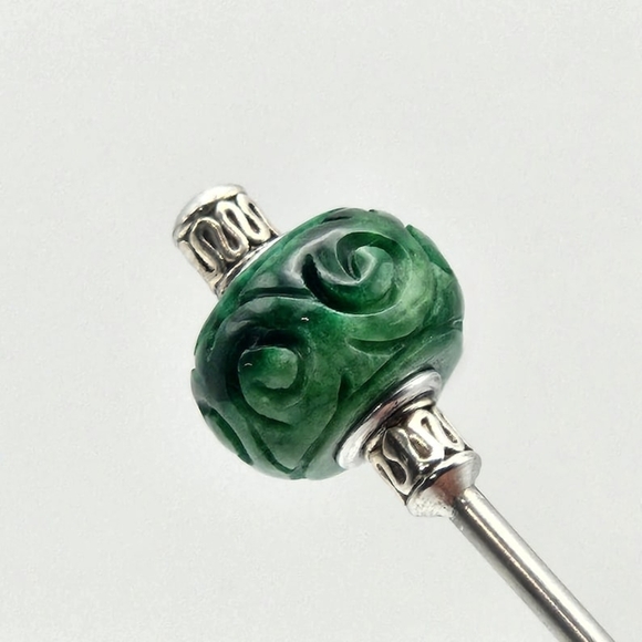🌿 Jadesong Orb Stainless Steel Hair Stick, Carved Burmese Jade Epic Updo Pin - Picture 1 of 9